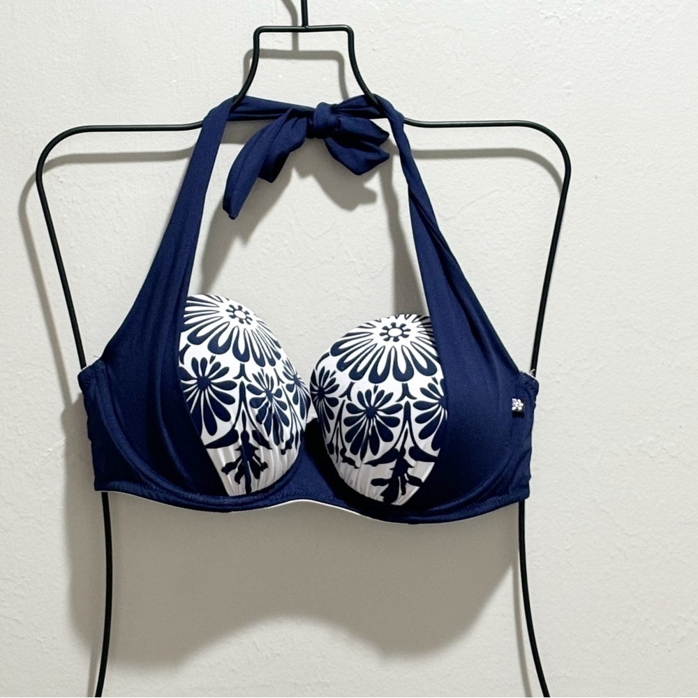 LA VIE EN ROSE AQUA Women’s Blue White Floral Underwire Halter Bikini Top Size L